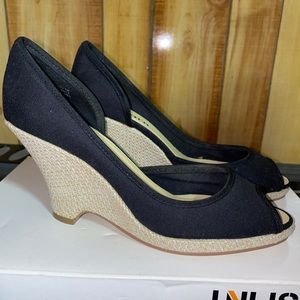 Black Peeptoe Wedges Sandals Platform Size 6